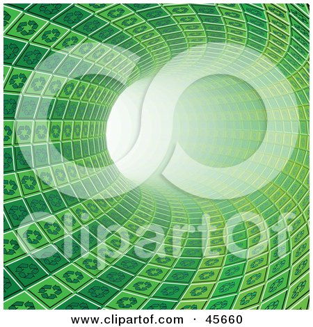 Royalty-free (RF) Clipart Illustration of a Curving Green Tunnel Made Of Recycle Tiles, Leading Off Into Light by Michael Schmeling