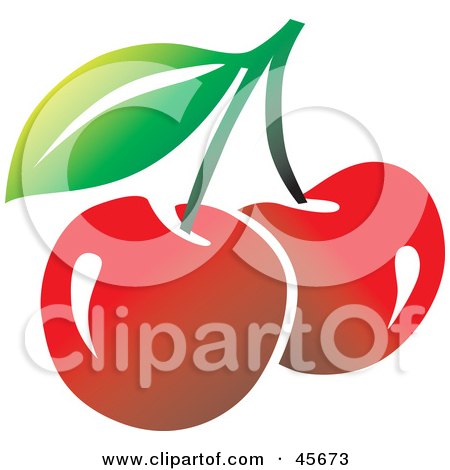 Royalty-free (RF) Clipart Illustration of Two Fresh Red Bing Cherries On A Stem With A Leaf by pauloribau