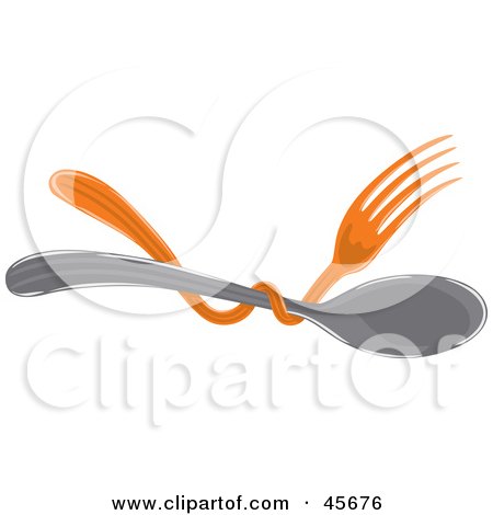 Royalty-free (RF) Clipart Illustration of an Orange Fork Tangled Around A Spoon by pauloribau