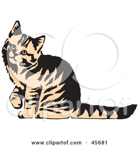 Royalty-free (RF) Clipart Illustration of a Curious Beige And Black Striped Kitty Cat Looking Up To The Left by pauloribau