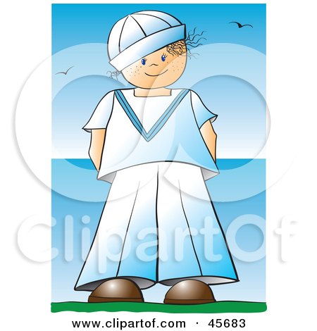 Royalty-free (RF) Clipart Illustration of a Proud Boy In A Sailor Uniform, Standing Near The Sea by pauloribau
