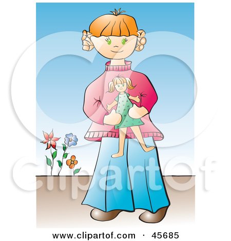 Royalty-free (RF) Clipart Illustration of a Sweet Little Red Haired Girl Holding Her Doll Toy by pauloribau