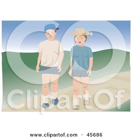 Royalty-free (RF) Clipart Illustration of a Brother And Sister Walking Down A Path Together by pauloribau
