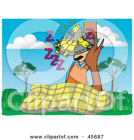 Royalty-free (RF) Clipart Illustration of a Man Taking Nap And Resting Against A Tree With Birds Sleeping In His Hat by pauloribau