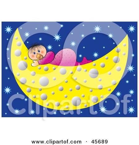 Royalty-free (RF) Clipart Illustration of a Blue Eyed Baby Sucking On A Pacifier And Resting On A Crescent Moon by pauloribau