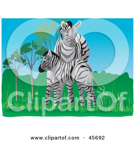 Royalty-free (RF) Clipart Illustration of a Mother And Baby Zebra In A Green Landscape by pauloribau