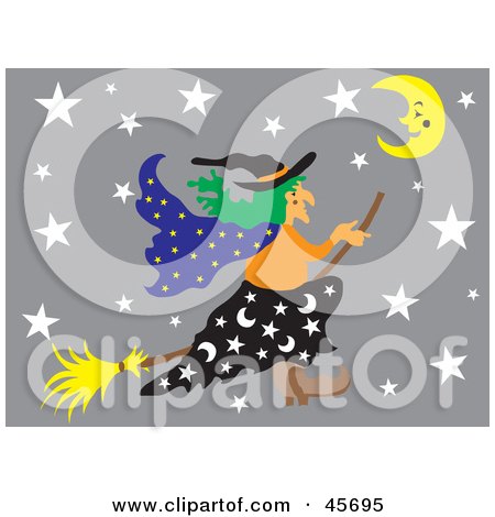 Royalty-free (RF) Clipart Illustration of a Wicked Witch Flying Through A Gray Starry Night On Her Broom Stick by pauloribau