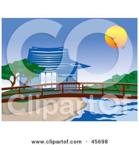 Royalty-free (RF) Clipart Illustration of a Sun And Birds Above An Asian Pagoda And Footbridge On A Creek by pauloribau