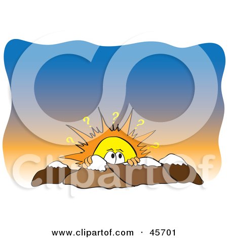 Royalty-free (RF) Clipart Illustration of a Confused Sun Setting Or Rising Behind Mountains by pauloribau