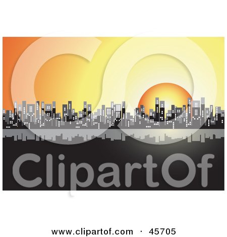 Royalty-free (RF) Clipart Illustration of an Orange Sun Setting Behind A City Skyline by pauloribau