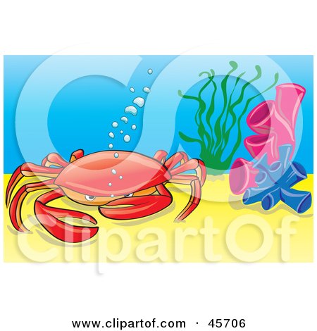 Royalty-free (RF) Clipart Illustration of a Red Crab At The Bottom Of The Sea, Playing With His Pinchers by pauloribau