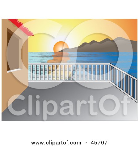 Royalty-free (RF) Clipart Illustration of a Balcony View Of A Sun Setting Or Rising Over The Horizon With Water And Mountains by pauloribau