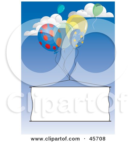 Royalty-free (RF) Clipart Illustration of Publicity Party Balloons Floating A Blank Banner Through The Sky by pauloribau