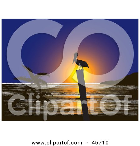 Royalty-free (RF) Clipart Illustration of a Silhouetted Pelican On A Post Against An Ocean Sunset by pauloribau