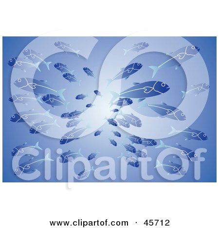 Royalty-free (RF) Clipart Illustration of a Crowd Of Schooling Blue Fish Swimming Forward In The Blue Ocean by pauloribau
