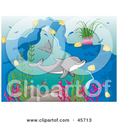 Royalty-free (RF) Clipart Illustration of Happy Dolphins Swimming Underwater by pauloribau