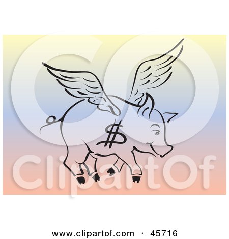 Royalty-free (RF) Clipart Illustration of a Black Outline Of A Flying Pig With A Dollar Sign On Its Side by pauloribau