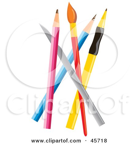 Royalty-free (RF) Clipart Illustration of a Group Of Pencils And A Paintbrush by pauloribau