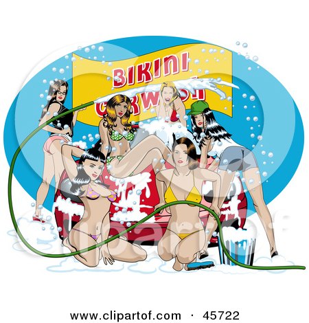 Royalty-free (RF) Clipart Illustration of Sexy Pinup Women Cleaning A Vehicle During A Sudsy Bikini Car Wash by r formidable