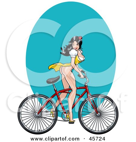 Royalty-free (RF) Clipart Illustration of a Sexy Pinup Woman In A Dress, Showing Her Long Legs And Riding A Bike by r formidable