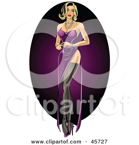 Royalty-free (RF) Clipart Illustration of a Sexy Pinup Woman In A Purple Gown And Stockings by r formidable