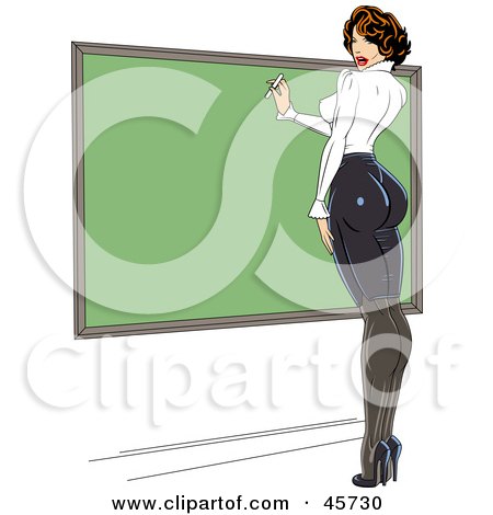 Royalty-free (RF) Clipart Illustration of a Sexy Pinup Female Teacher Wearing Tight Clothes And Writing On A Chalk Board by r formidable