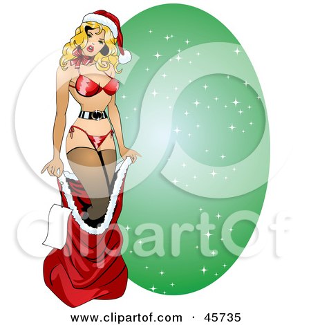 Royalty-free (RF) Clipart Illustration of a Sexy Pinup Woman In Lingerie, Emerging From Santas Red Sack by r formidable