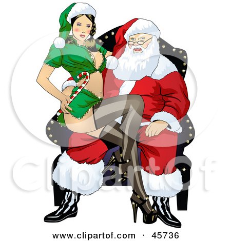 Royalty-free (RF) Clipart Illustration of a Sexy Pinup Woman In An Elf Uniform, Sitting On Santa's Lap by r formidable