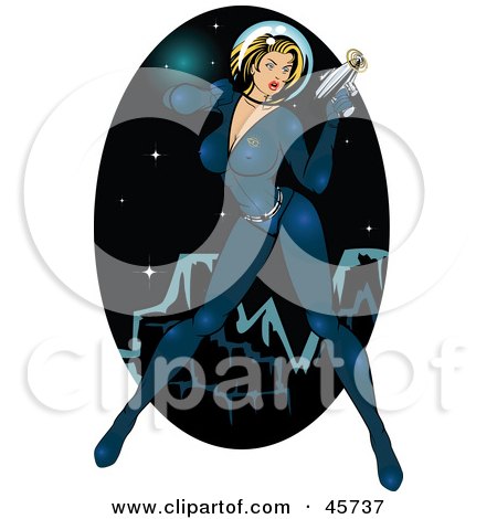Royalty-free (RF) Clipart Illustration of a Sexy Pinup Woman In A Space Suit, Holding A Ray Gun by r formidable