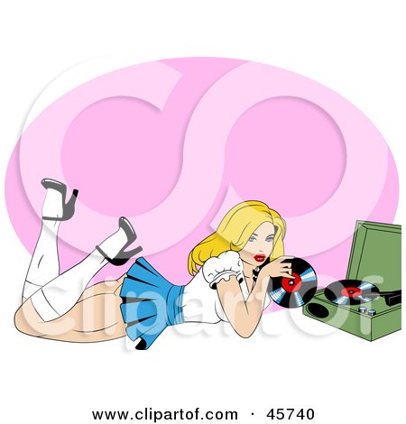 Royalty-free (RF) Clipart Illustration of a Sexy Pinup Woman Laying On Her Belly And Playing Albums On A Record Player by r formidable
