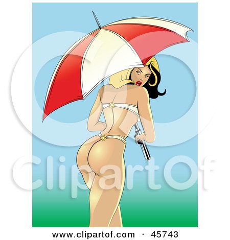 Royalty-free (RF) Clipart Illustration of a Sexy Pinup Woman In A White Daisy Thong Swimsuit, Walking With An Umbrella by r formidable