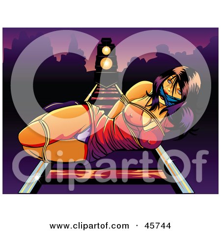 Royalty-free (RF) Clipart Illustration of a Sexy Damsel In Distress Pinup Woman Tied Down On A Train Track by r formidable