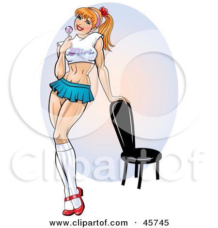 Royalty-free (RF) Clipart Illustration of a Flirty Pinup Woman In A Mini Skirt And Crop Top, Holding A Sucker by r formidable