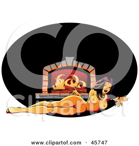 Royalty-free (RF) Clipart Illustration of a Sexy Pinup Woman Reclined Nude In Front Of A Fireplace by r formidable
