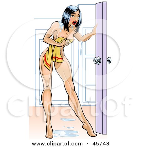 Royalty-free (RF) Clipart Illustration of a Nude And Wet Sexy Pinup Woman Holding A Small Towel And Opening The Door After Getting Out Of A Shower by r formidable