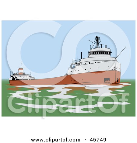 Royalty-free (RF) Clipart Illustration of a Great Lakes Freighter Ship In Green Waters by r formidable