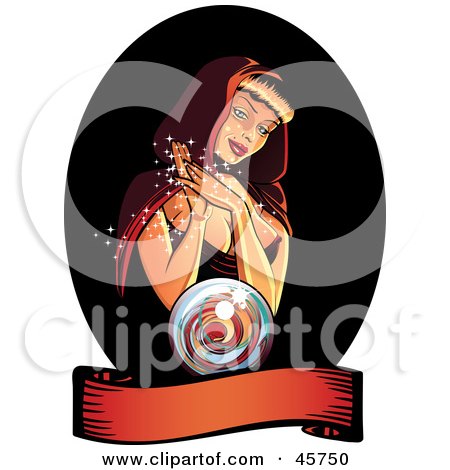 Royalty-free (RF) Clipart Illustration of a Pinup Gypsy Woman Telling A Fortune And Gazing At A Crystal Ball, With A Blank Banner by r formidable
