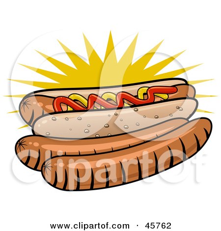 Royalty-free (RF) Clipart Illustration of Two Weenies Resting Beside A Garnished Hot Dog In A Bun by r formidable