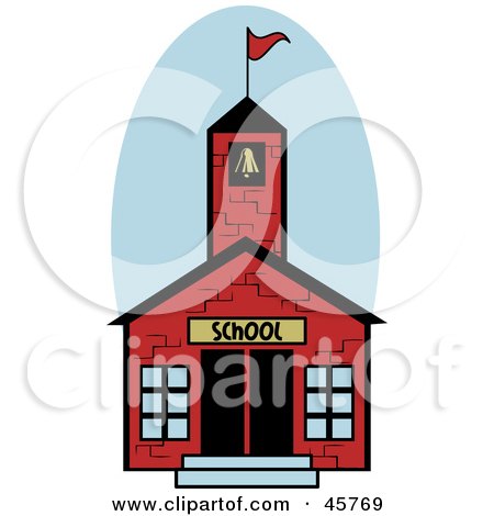 Royalty-free (RF) Clipart Illustration of a Red, One Room Brick School House With A Bell Tower And Flag by r formidable