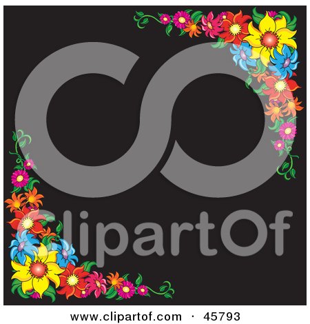 Royalty-free (RF) Clipart Illustration of a Black Background Bordered With Colorful Summer Flower Corners by Pams Clipart