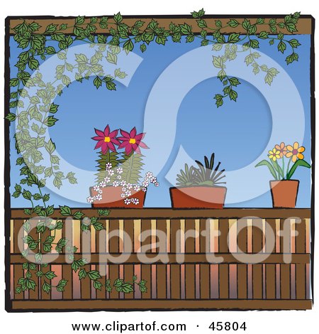 Royalty-free (RF) Clipart Illustration of an Ivy Vine Framing A Scene Of Potted Plants On A Patio Railing by Pams Clipart