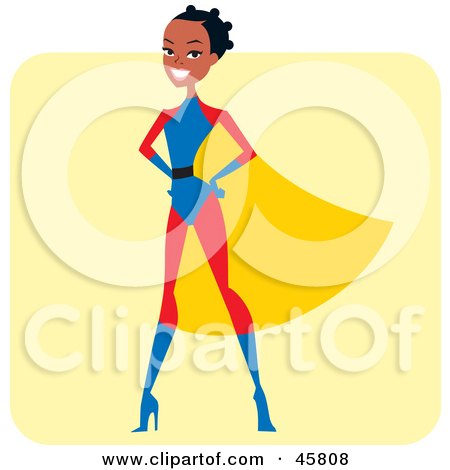 Royalty-free (RF) Clipart Illustration of a Proud African Super Hero Woman In A Cape by Monica