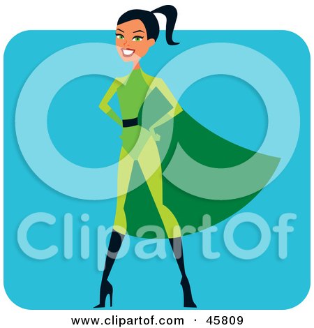 Royalty-free (RF) Clipart Illustration of a Proud Hispanic Super Hero Woman In A Green Suit by Monica