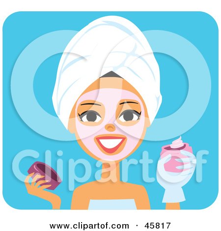 Royalty-free (RF) Clipart Illustration of a Woman Applying A Pink Facial Mask Or Cream On Her Face by Monica