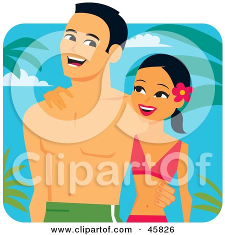 Royalty-free (RF) Clipart Illustration of a Happy Romantic Young Couple Honeymooning In The Tropics by Monica