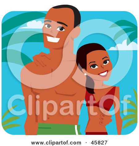 Royalty-free (RF) Clipart Illustration of a Happy Young Hispanic Couple Honeymooning In The Tropics by Monica