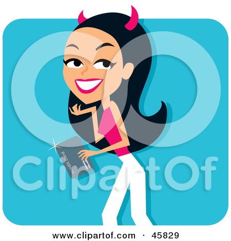 Royalty-free (RF) Clipart Illustration of a Sneaky Hispanic Woman With She Devil Horns, Shopping With A Credit Card by Monica