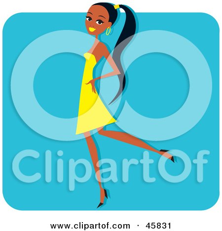Royalty-free (RF) Clipart Illustration of a Young Black Woman Strutting In A Yellow Dress by Monica
