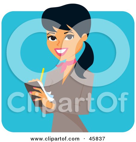 Royalty-free (RF) Clipart Illustration of a Pretty Hispanic Businesswoman Writing Notes On A Pad by Monica