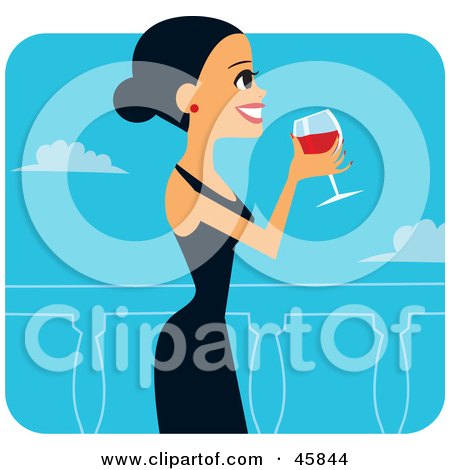 Royalty-free (RF) Clipart Illustration of a Hispanic Woman In A Black Dress, Sipping Red Wine by Monica